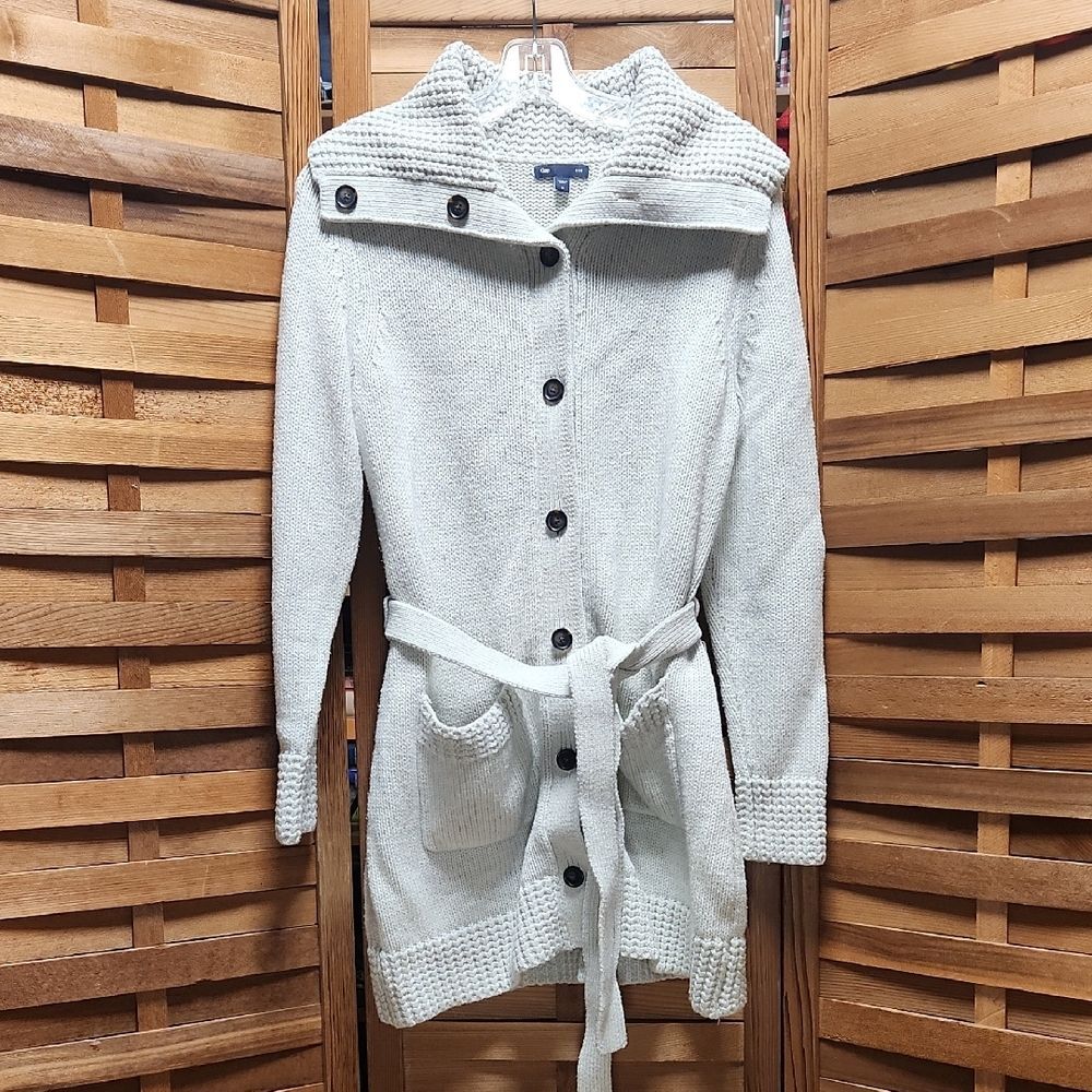 GAP Cream Tan Textured Cardigan Belt Women M Knit Cotton Acrylic Algodon Sweater